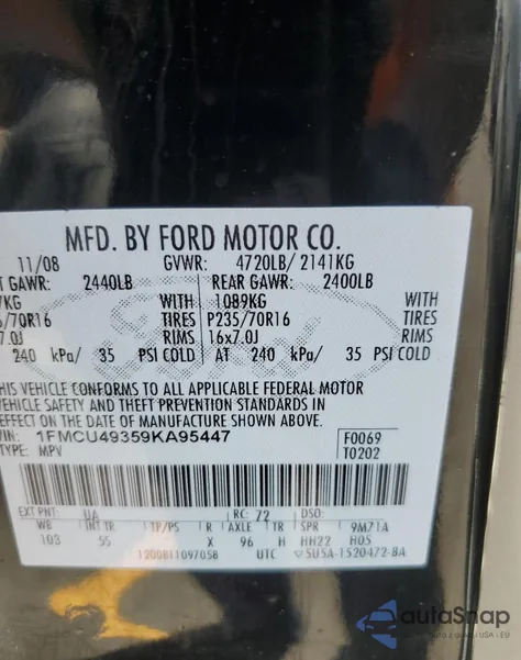 2009 Ford Escape Hybrid z USA, uszkodzony, nr VIN 1FMCU49359KA95447